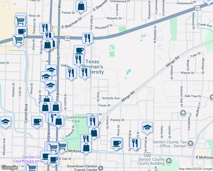 map of restaurants, bars, coffee shops, grocery stores, and more near 629 East College Street in Denton