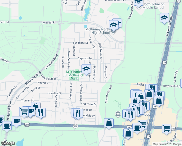 map of restaurants, bars, coffee shops, grocery stores, and more near 2516 Cattleman Drive in McKinney