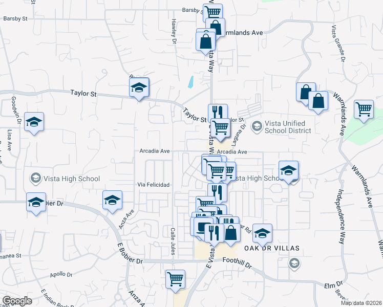 map of restaurants, bars, coffee shops, grocery stores, and more near 1600 East Vista Way in Vista