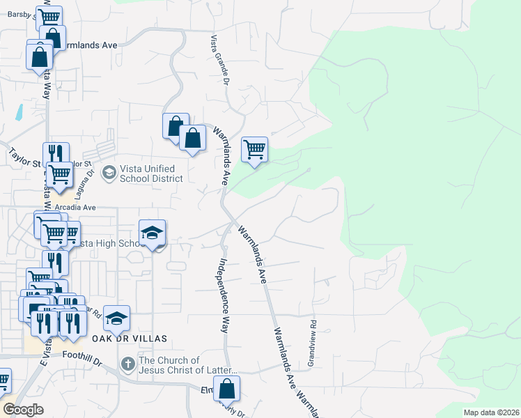 map of restaurants, bars, coffee shops, grocery stores, and more near 1817 Queens Way in Vista