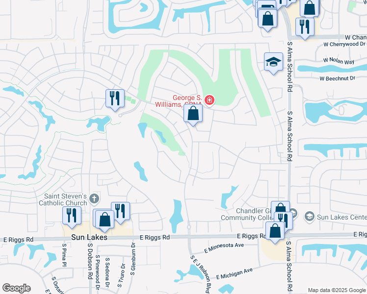 map of restaurants, bars, coffee shops, grocery stores, and more near 25049 South East J Robson Boulevard in Sun Lakes