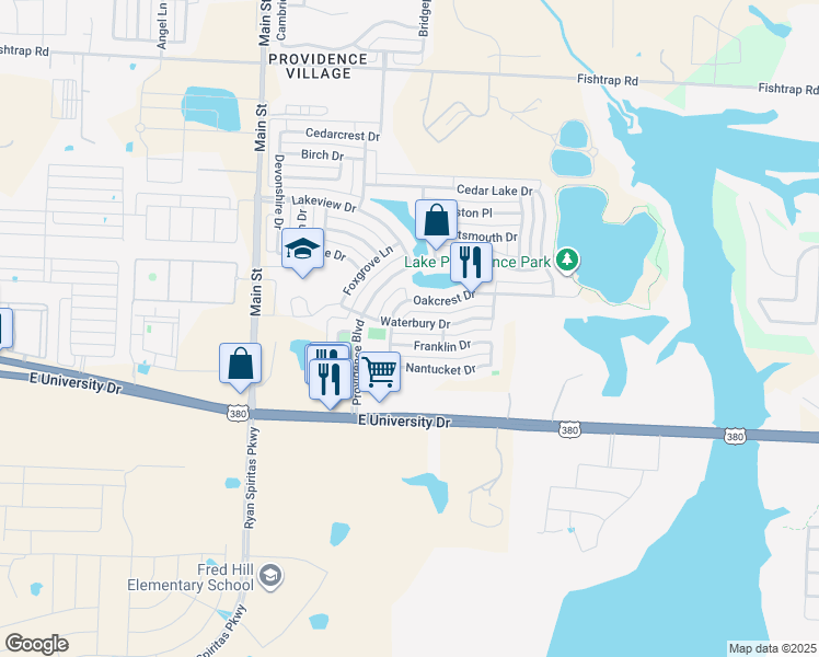 map of restaurants, bars, coffee shops, grocery stores, and more near 10216 Waterbury Drive in Denton County
