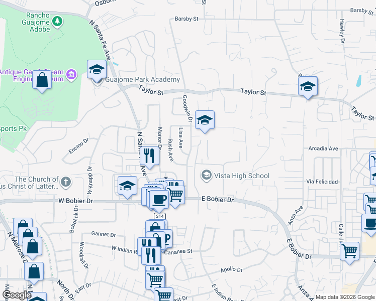 map of restaurants, bars, coffee shops, grocery stores, and more near 1655 Lisa Avenue in Vista