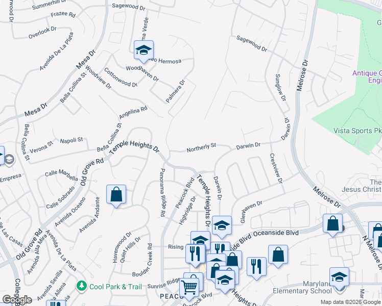 map of restaurants, bars, coffee shops, grocery stores, and more near 4814 Northerly Street in Oceanside