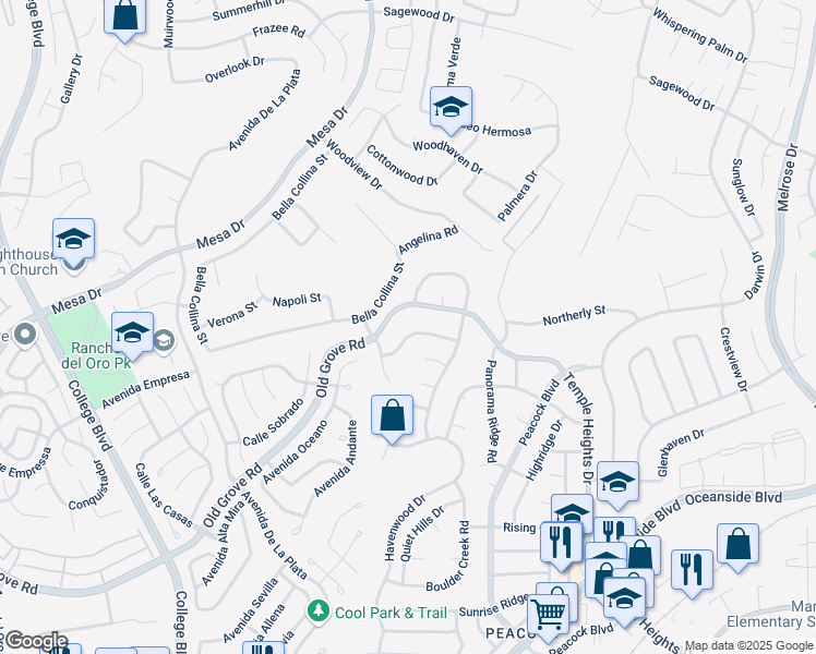 map of restaurants, bars, coffee shops, grocery stores, and more near 4632 Briar Ridge Road in Oceanside