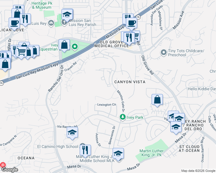 map of restaurants, bars, coffee shops, grocery stores, and more near 4204 Vista Panorama Way in Oceanside