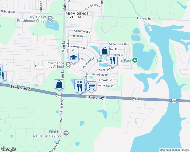 map of restaurants, bars, coffee shops, grocery stores, and more near 1001 Oakcrest Drive in Denton County