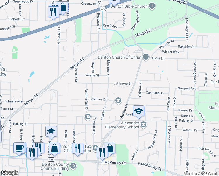 map of restaurants, bars, coffee shops, grocery stores, and more near 1214 Mulkey Lane in Denton