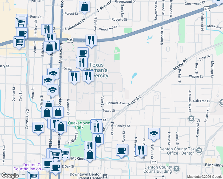 map of restaurants, bars, coffee shops, grocery stores, and more near 629 East College Street in Denton