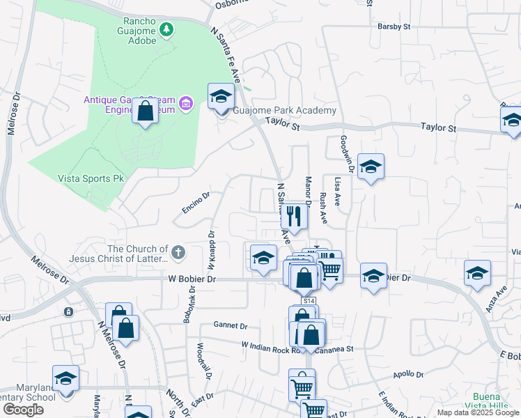map of restaurants, bars, coffee shops, grocery stores, and more near 254 Candice Place in Vista