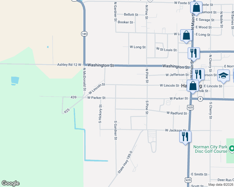 map of restaurants, bars, coffee shops, grocery stores, and more near 207 South Gardner Street in Hamburg
