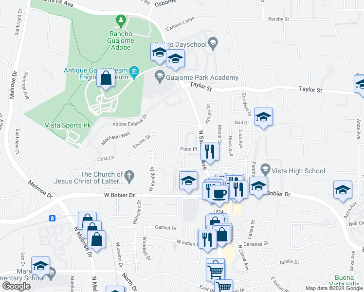 map of restaurants, bars, coffee shops, grocery stores, and more near 1701 Panorama Road in Vista
