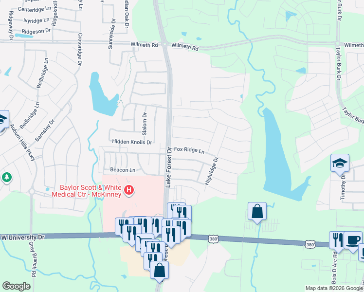 map of restaurants, bars, coffee shops, grocery stores, and more near 4909 Fox Ridge Lane in McKinney