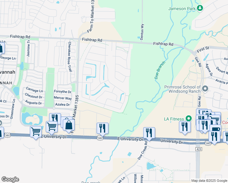 map of restaurants, bars, coffee shops, grocery stores, and more near 5510 Manitou Drive in Prosper