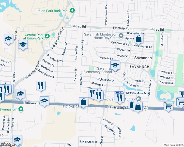map of restaurants, bars, coffee shops, grocery stores, and more near 800 Auburn Court in Denton County