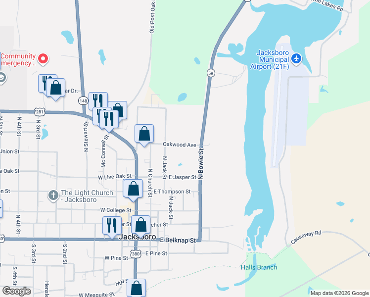 map of restaurants, bars, coffee shops, grocery stores, and more near 339 Oakwood Avenue in Jacksboro