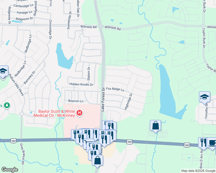 map of restaurants, bars, coffee shops, grocery stores, and more near 4909 Fox Ridge Lane in McKinney