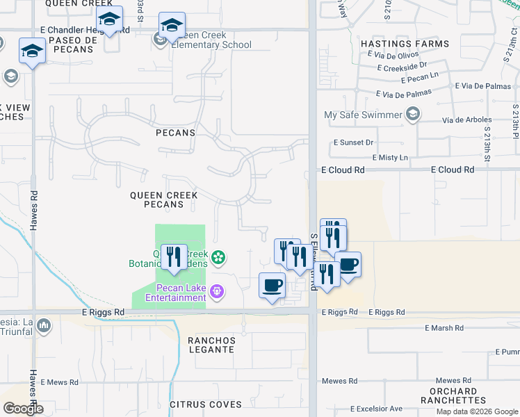 map of restaurants, bars, coffee shops, grocery stores, and more near 20623 East Cloud Road in Queen Creek