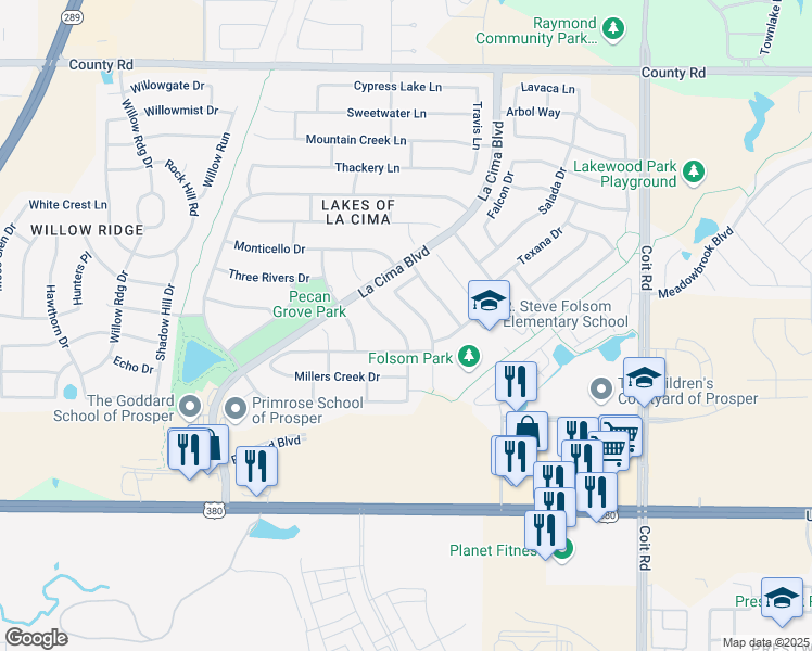 map of restaurants, bars, coffee shops, grocery stores, and more near 821 Buffalo Springs Drive in Prosper