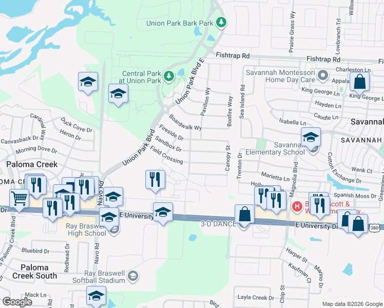 map of restaurants, bars, coffee shops, grocery stores, and more near 800 Sandbox Drive in Aubrey