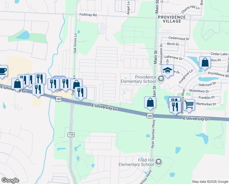 map of restaurants, bars, coffee shops, grocery stores, and more near 2305 Copal Drive in Krugerville