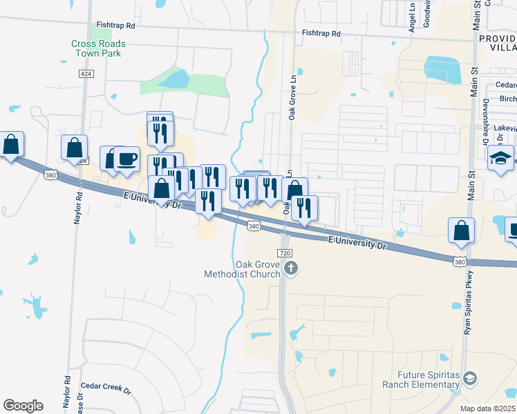 map of restaurants, bars, coffee shops, grocery stores, and more near 12000 U.S. 380 in Cross Roads
