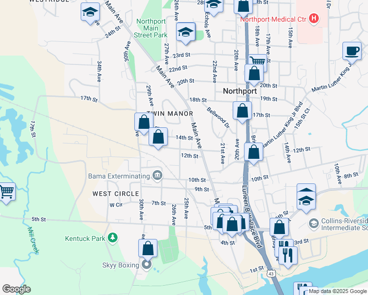 map of restaurants, bars, coffee shops, grocery stores, and more near 2516 13th Street in Northport