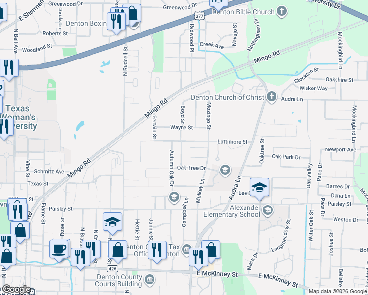 map of restaurants, bars, coffee shops, grocery stores, and more near 1213 Pin Oak Drive in Denton