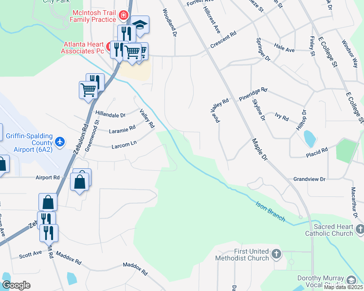 map of restaurants, bars, coffee shops, grocery stores, and more near 407 Crescent Lane in Griffin