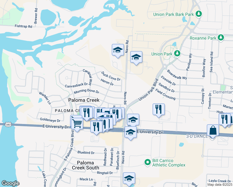map of restaurants, bars, coffee shops, grocery stores, and more near 1824 Canvasback Drive in Aubrey