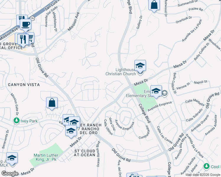 map of restaurants, bars, coffee shops, grocery stores, and more near 4610 Los Alamos Way in Oceanside