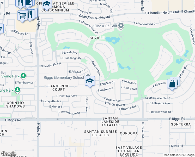 map of restaurants, bars, coffee shops, grocery stores, and more near 3637 East Turnberry Court in Gilbert