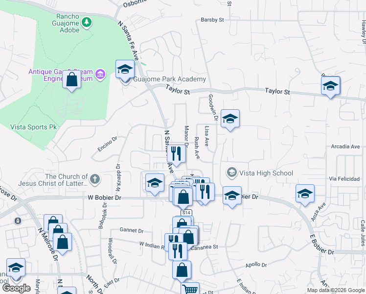 map of restaurants, bars, coffee shops, grocery stores, and more near 1699 Manor Drive in Vista