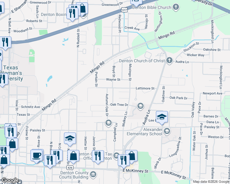 map of restaurants, bars, coffee shops, grocery stores, and more near 1213 Pin Oak Drive in Denton