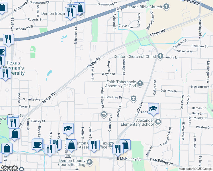 map of restaurants, bars, coffee shops, grocery stores, and more near 1213 Pin Oak Drive in Denton