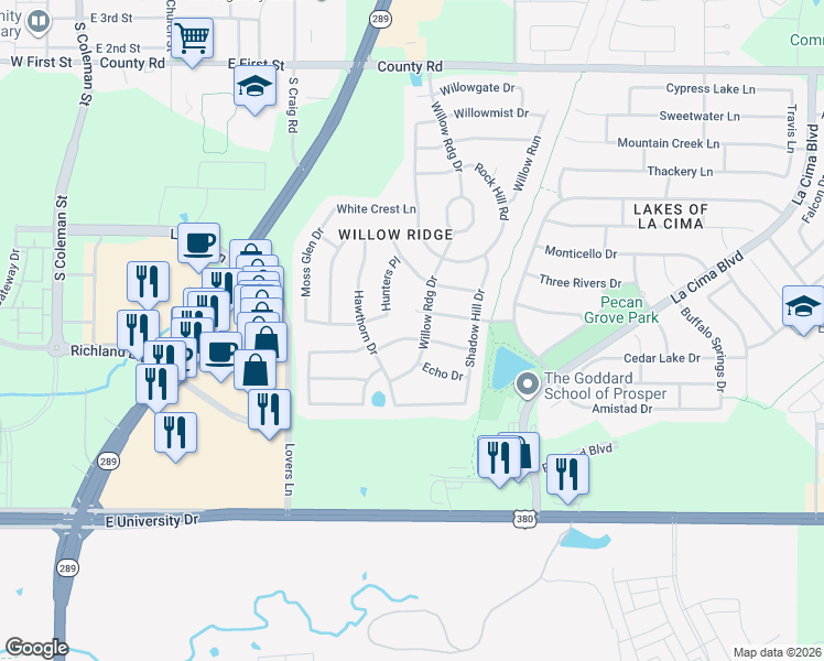 map of restaurants, bars, coffee shops, grocery stores, and more near 751 Camden Way in Prosper
