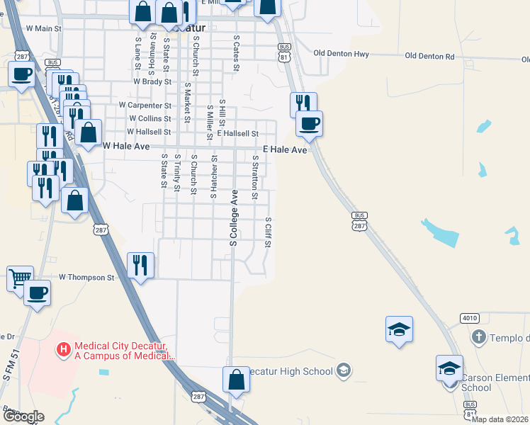 map of restaurants, bars, coffee shops, grocery stores, and more near 1403 South Cliff Street in Decatur