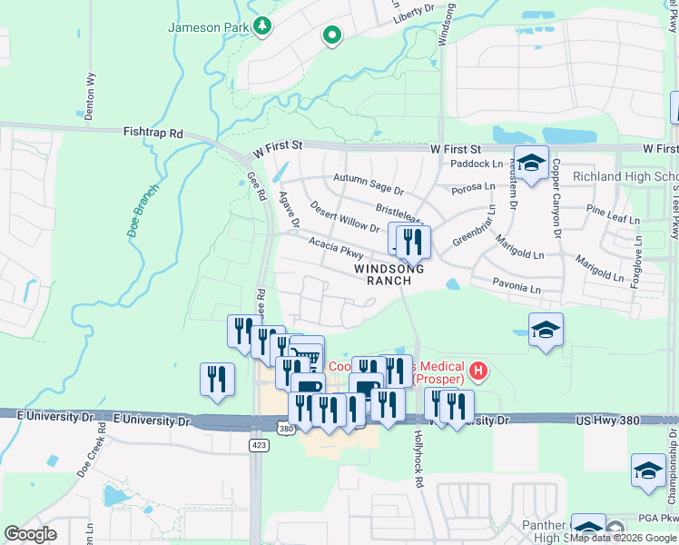 map of restaurants, bars, coffee shops, grocery stores, and more near Crossvine Drive in Prosper