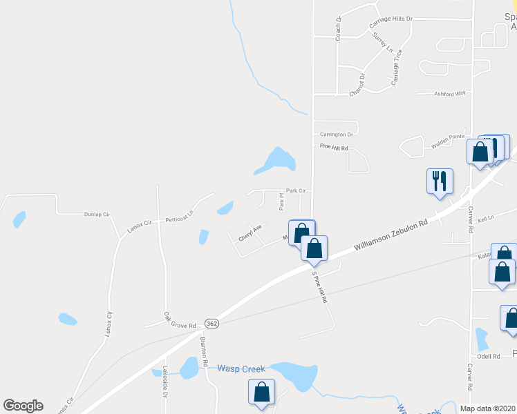 map of restaurants, bars, coffee shops, grocery stores, and more near 1770 Park Court in Griffin