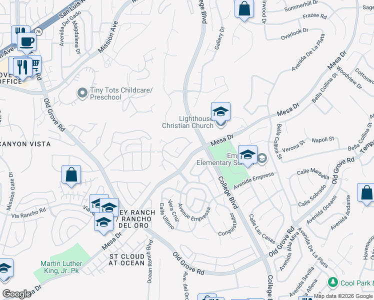 map of restaurants, bars, coffee shops, grocery stores, and more near 4675 Los Alamos Way in Oceanside