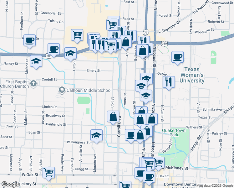 map of restaurants, bars, coffee shops, grocery stores, and more near 1025 North Carroll Boulevard in Denton