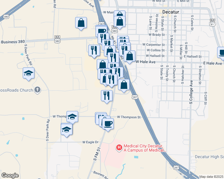 map of restaurants, bars, coffee shops, grocery stores, and more near 1304 Farm to Market 51 in Decatur