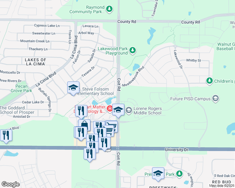 map of restaurants, bars, coffee shops, grocery stores, and more near 881 Coit Road in Prosper