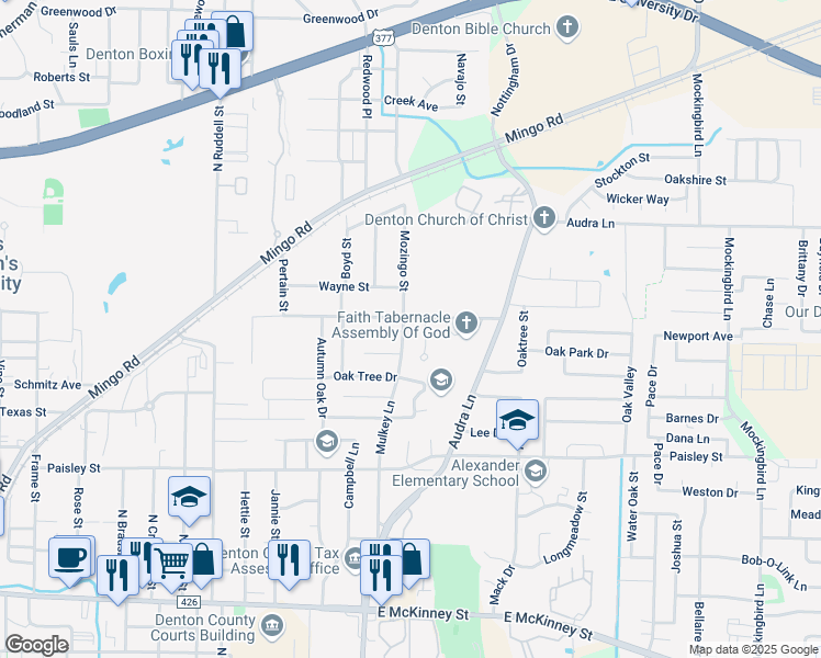 map of restaurants, bars, coffee shops, grocery stores, and more near 1214 Mulkey Lane in Denton