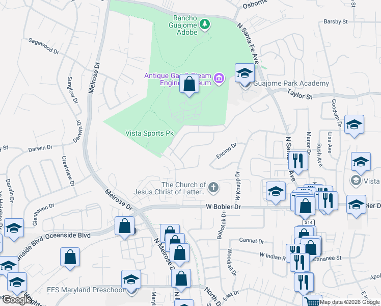 map of restaurants, bars, coffee shops, grocery stores, and more near 519 Machado Way in Vista