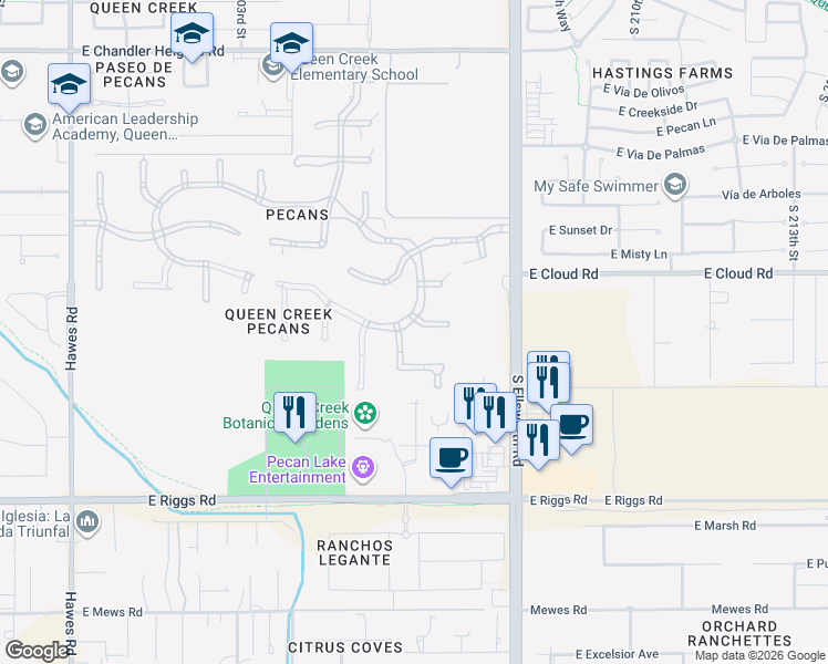 map of restaurants, bars, coffee shops, grocery stores, and more near 20623 East Cloud Road in Queen Creek