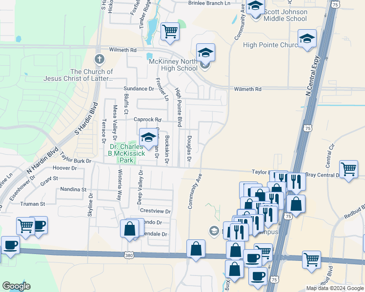 map of restaurants, bars, coffee shops, grocery stores, and more near 2518 High Pointe Boulevard in McKinney