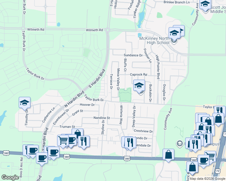 map of restaurants, bars, coffee shops, grocery stores, and more near 2604 Terrace Drive in McKinney