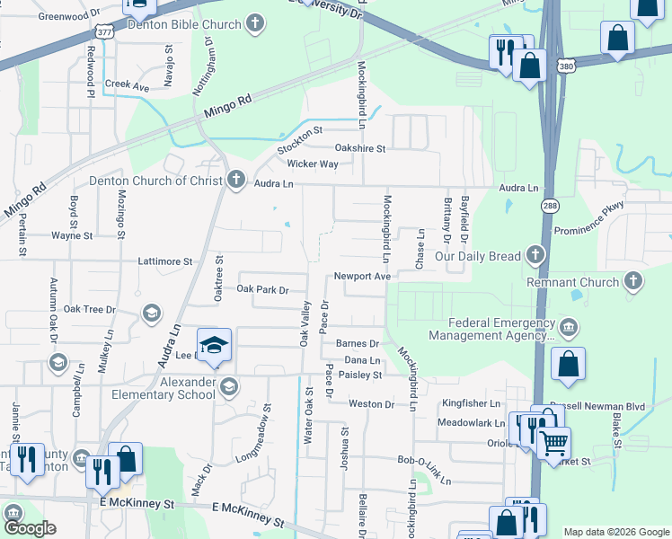 map of restaurants, bars, coffee shops, grocery stores, and more near 2813 Newport Avenue in Denton