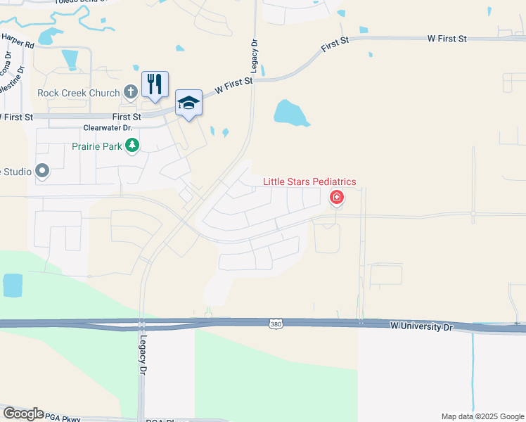 map of restaurants, bars, coffee shops, grocery stores, and more near 2411 Canary Grass Lane in Prosper